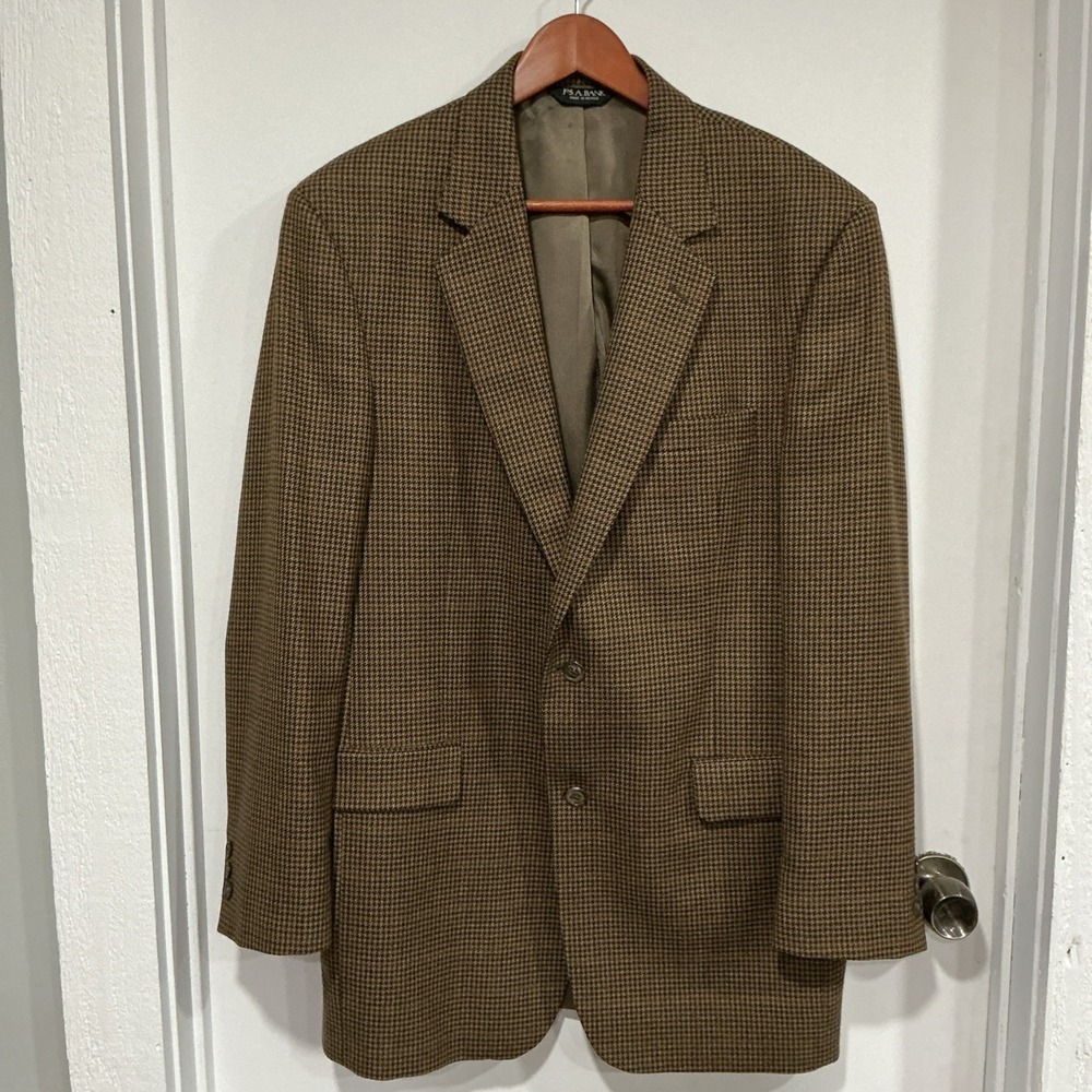 Jos A Bank Two Button 42L Brown Houndstooth Wool Cashmere Sport Coat Jacket, VTG